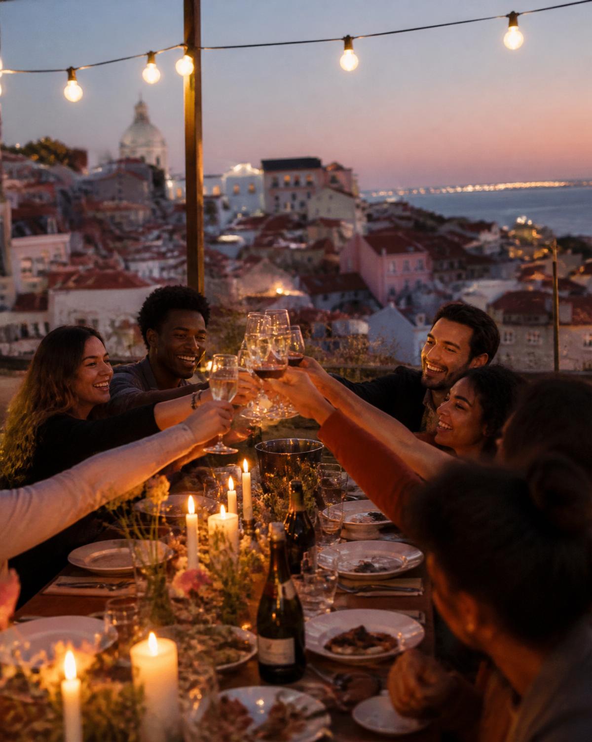 A multicultural group toasts champagne at a rooftop dinner overlooking Lisbon at dusk