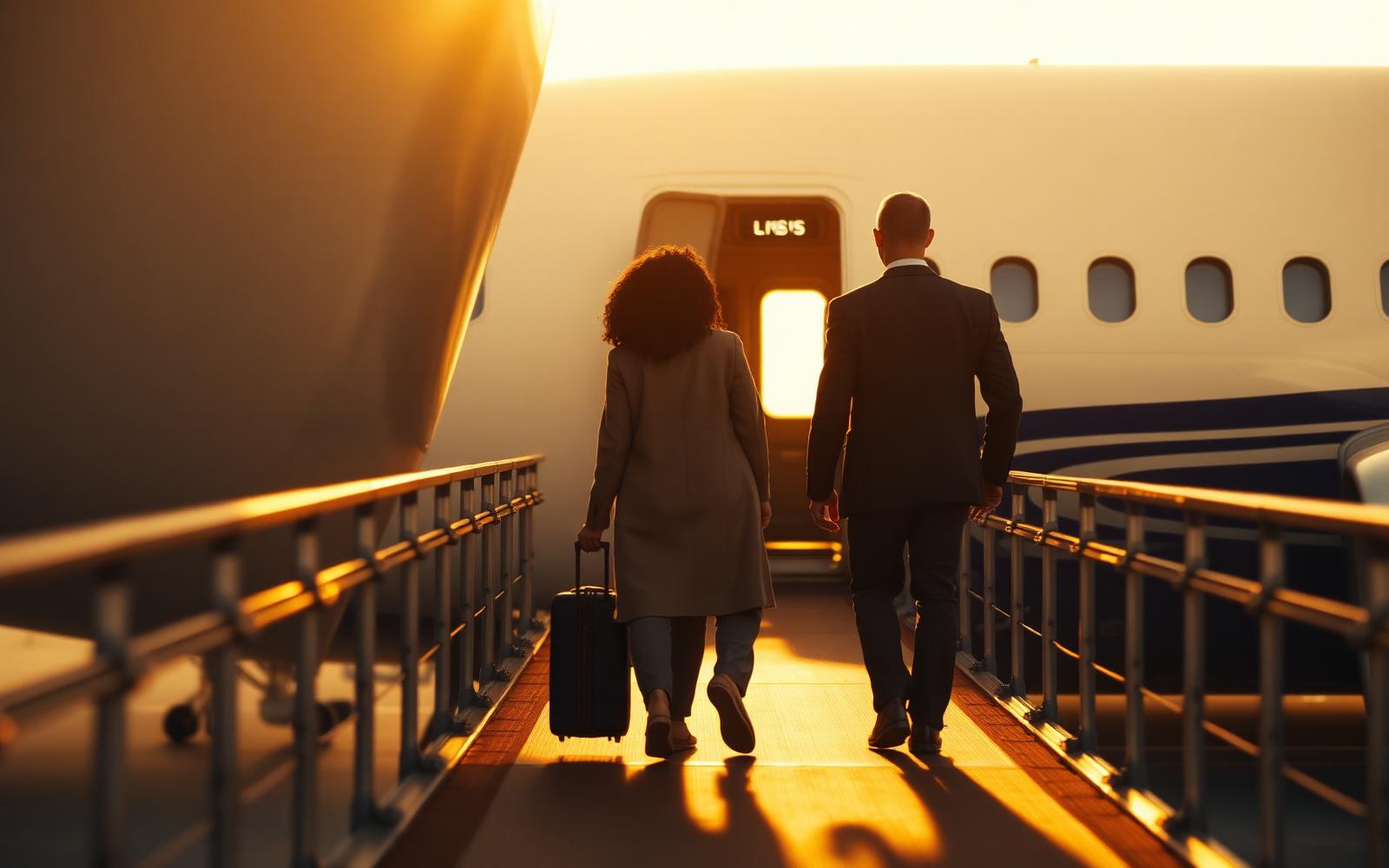 A couple walking together down a warmly lit jet bridge toward the aircraft door