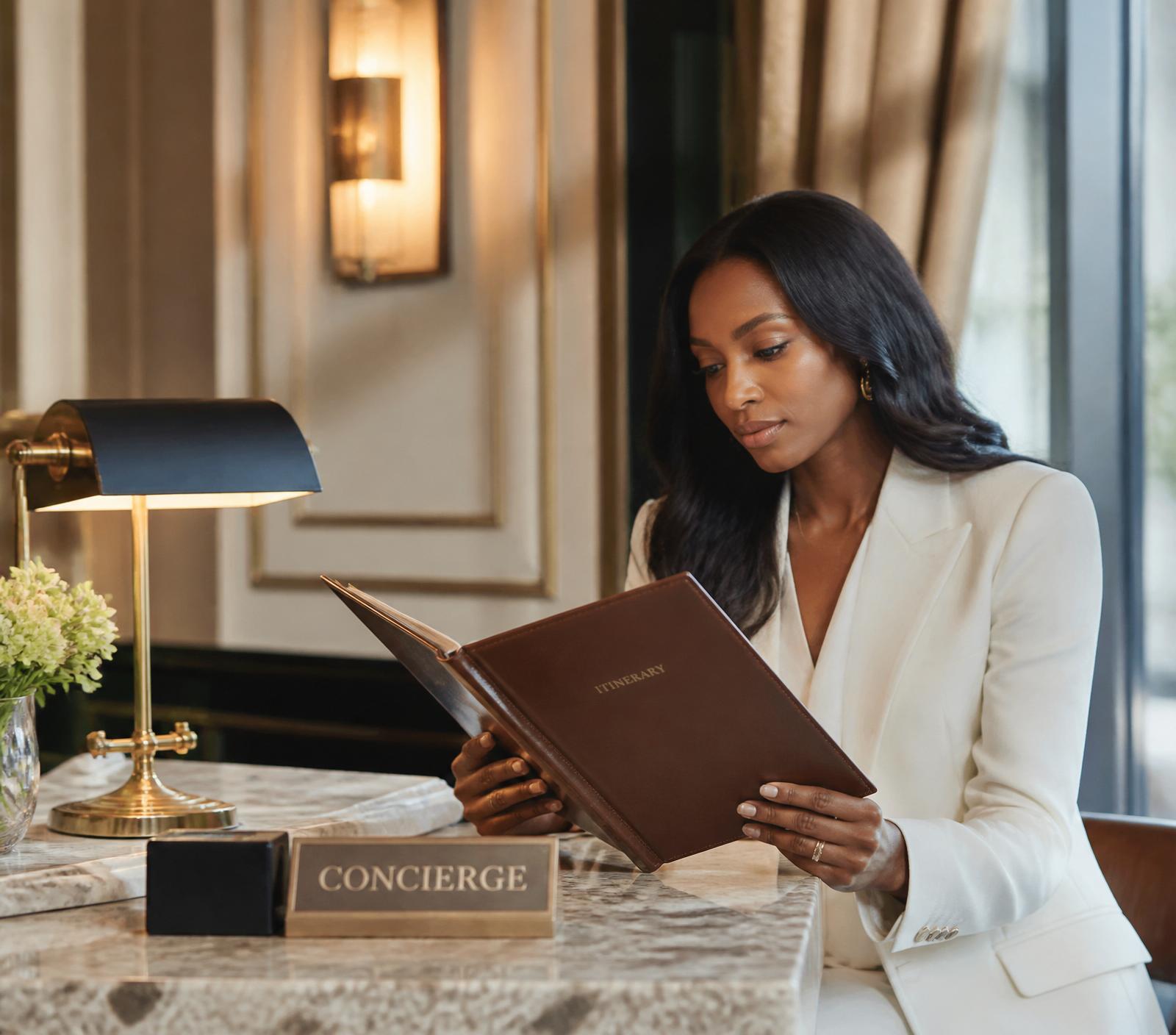A traveler reviewing an itinerary at a marble hotel desk in soft morning light