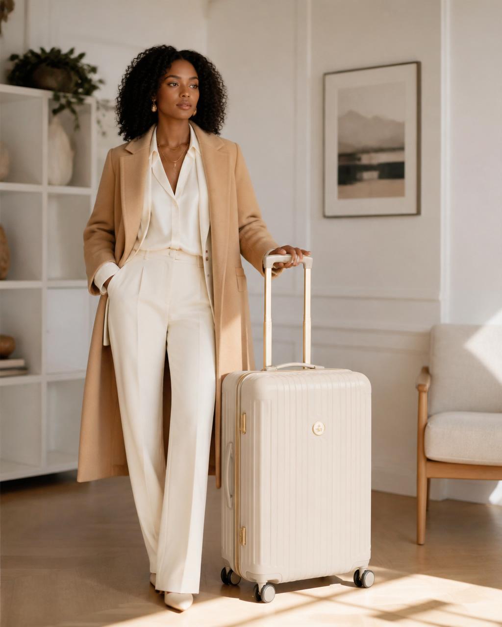 A chic Black woman traveler in a cream tailored outfit and camel coat standing beside a modern champagne hard-shell suitcase in a bright airy room